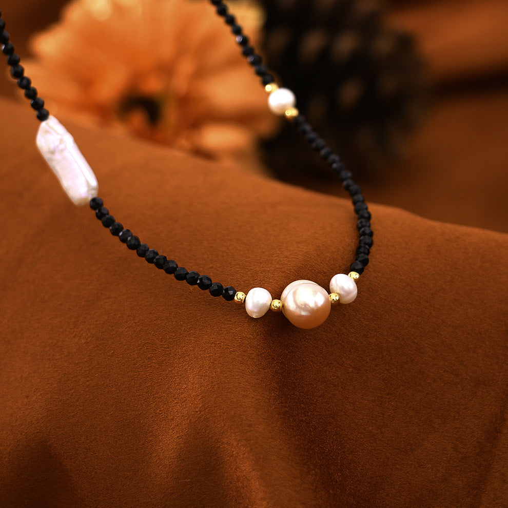 Baroque Natural Freshwater Pearl  Black Spinel Necklace