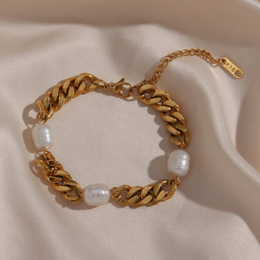 18K Gold Plated Stainless Steel Cuban Chain Three Pearl Waterproof Bracelet