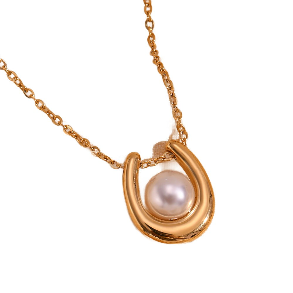 18K Gold Plated Freshwater Natural Pearl U Pendant Waterproof Necklace