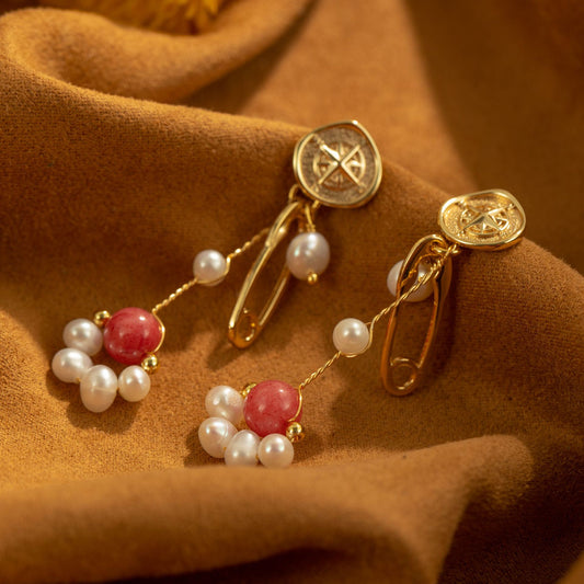 Freshwater Pearl Strawberry Crystal Cat Paw Brooch Compass Earrings