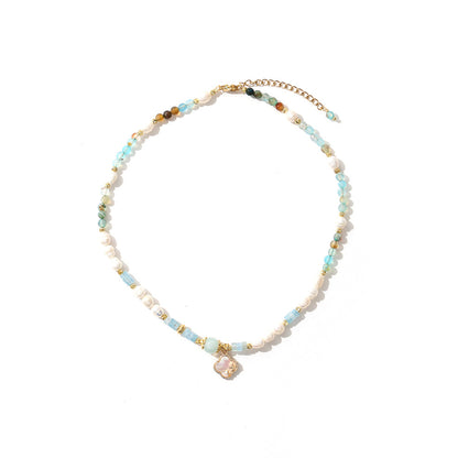 Seashell four-leaf clover and aventurine Natural freshwater pearl necklace