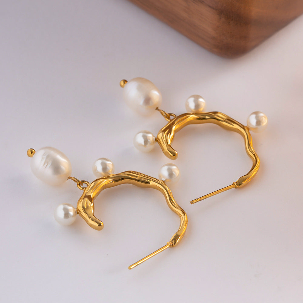 18K Gold Plated Uneven C Natural Freshwater Pearl Earrings Waterproof