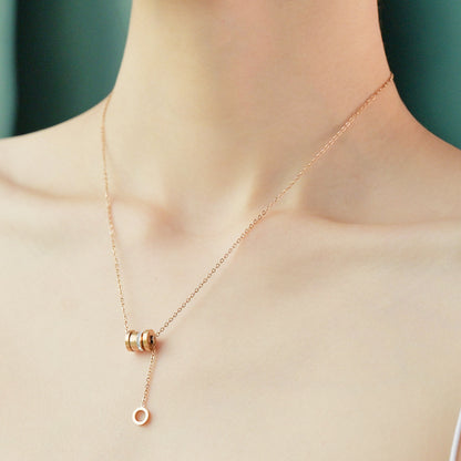 18K Plated Rose Gold Waist Pendant Necklace with Diamond-encrusted Round Ring