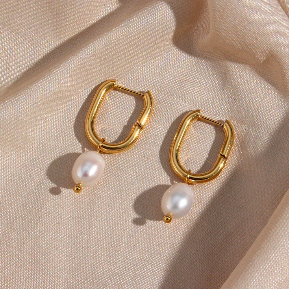 18K Gold Plated U Pearl Drop Waterproof Earrings