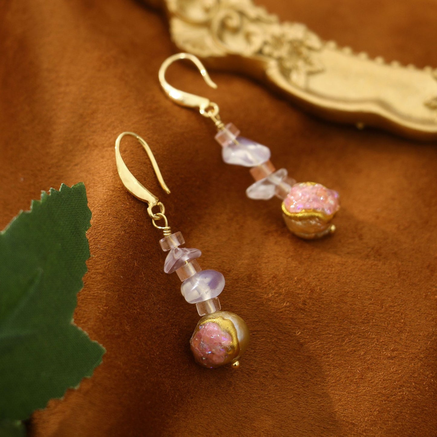 Baroque Rose Quartz Garnet Freshwater Pearl Earrings