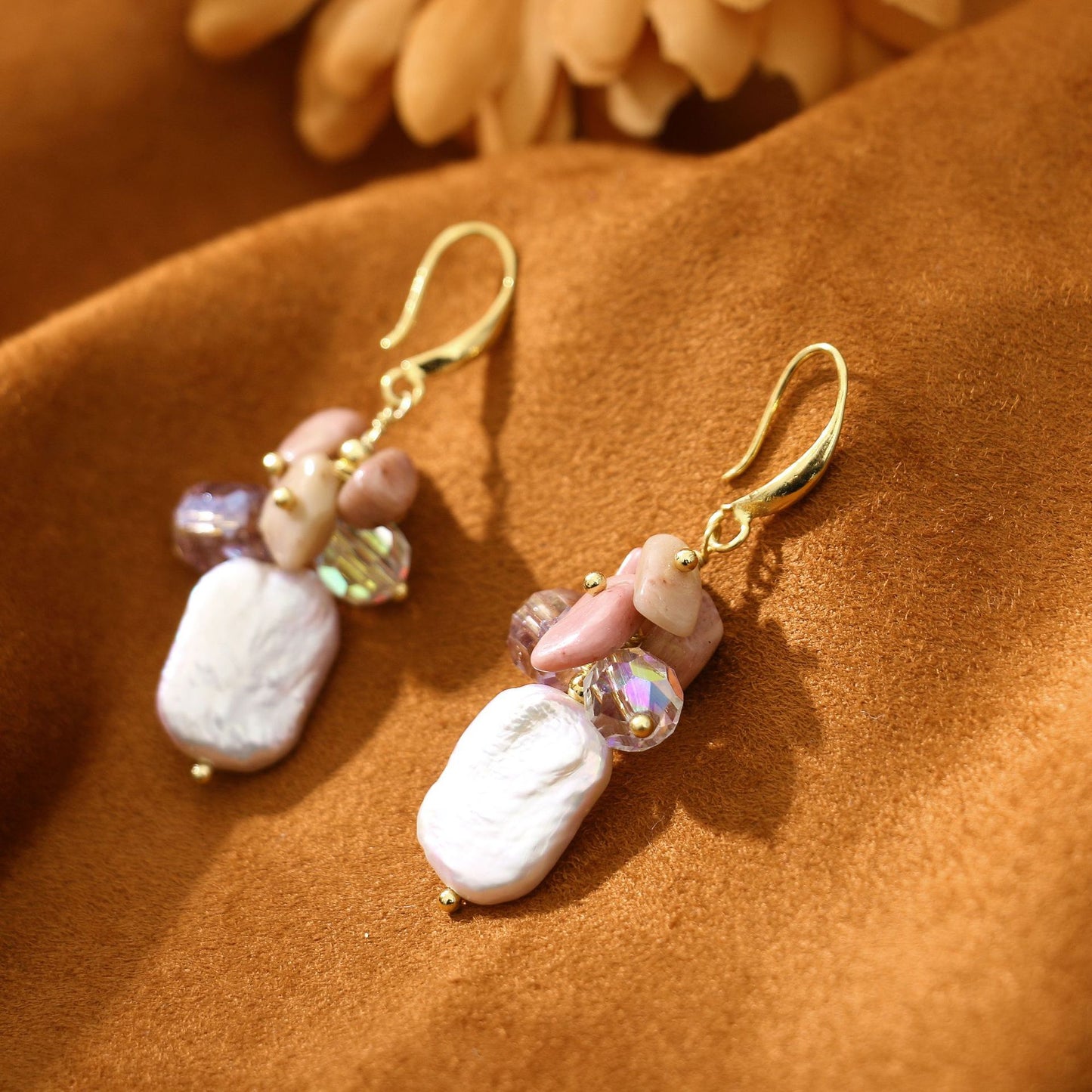 Rose Quartz Square Baroque Freshwater Pearl Earrings