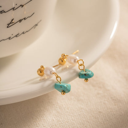 18K Gold Plated Mini Freshwater Pearl Turquoise Drop Earrings Waterproof