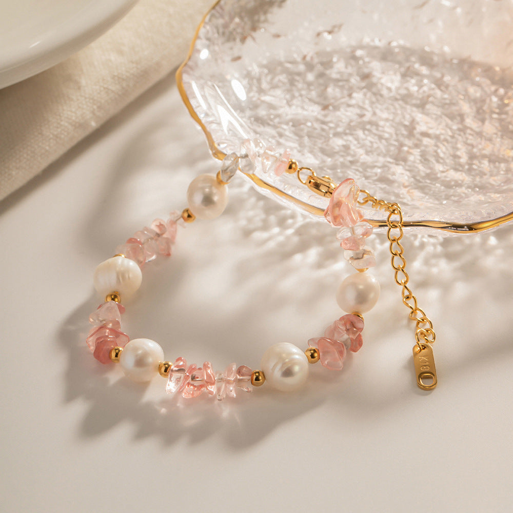 18K Gold Plated Natural Pink Crystal Gravel Freshwater Pearl Bracelet Waterproof