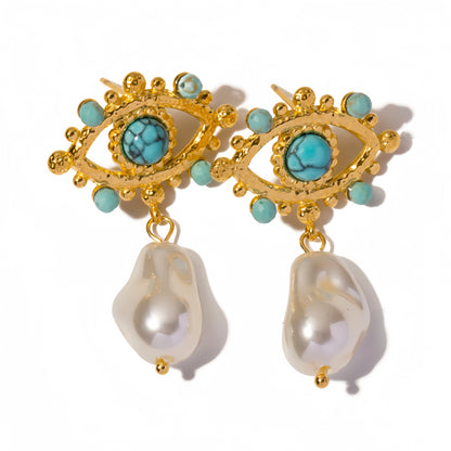 18K Gold Plated Natural Turquoise Devil's Eye Pearl Drop Earrings Waterproof