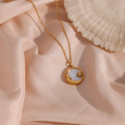 18K Gold Plated Natural Shell Moon Star Pendant Waterproof Necklace