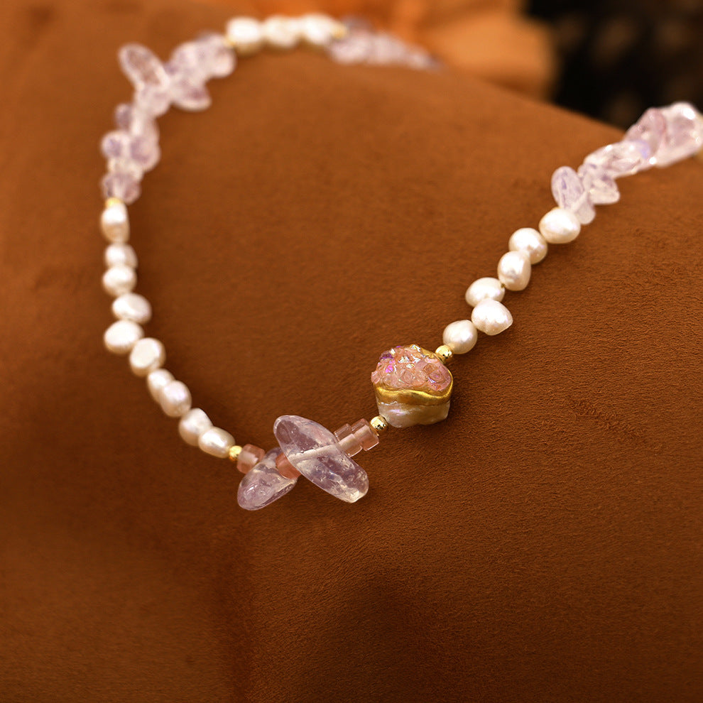 Baroque Rose Quartz Pomegranate Natural Freshwater Pearl Necklace