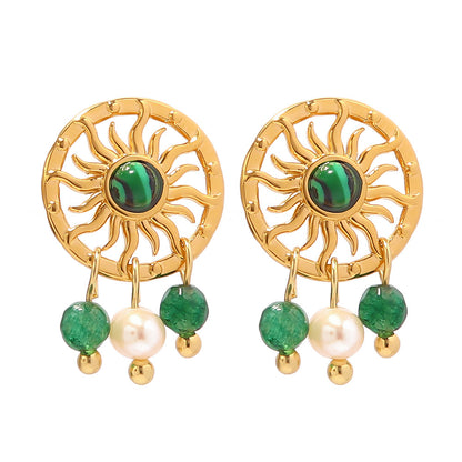 18k Gold Plated Malachite Sun Pearl Drop Earrings Waterproof