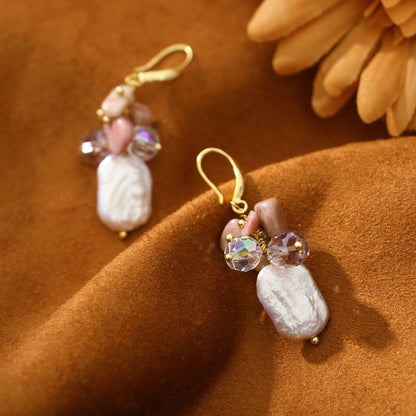 Rose Quartz Square Baroque Freshwater Pearl Earrings