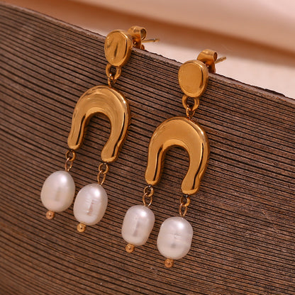 18K Golden Pearl U-Shaped Waterproof Earrings