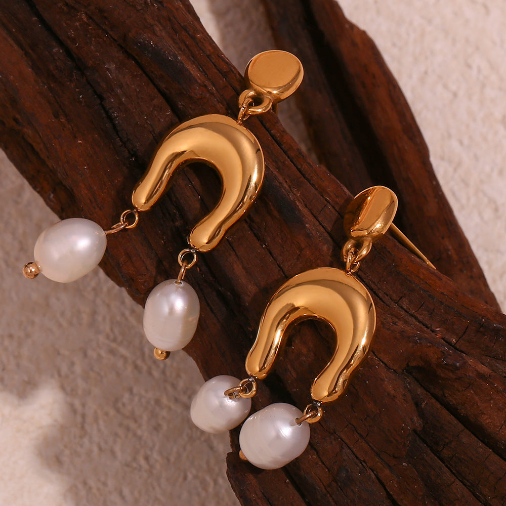 18K Golden Pearl U-Shaped Waterproof Earrings