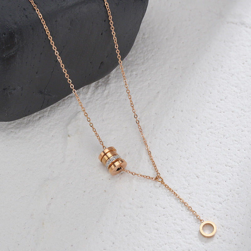 18K Plated Rose Gold Waist Pendant Necklace with Diamond-encrusted Round Ring