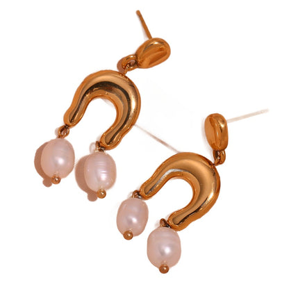 18K Golden Pearl U-Shaped Waterproof Earrings