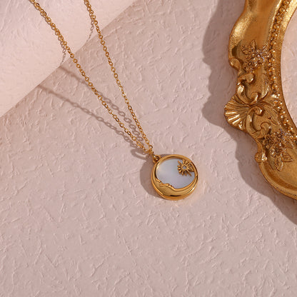 18K Gold Plated Natural Shell Moon Star Pendant Waterproof Necklace