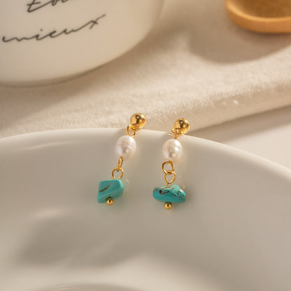 18K Gold Plated Mini Freshwater Pearl Turquoise Drop Earrings Waterproof