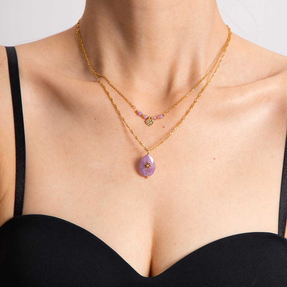 18k Gold Plated Natural Purple Stone Multi-Layer Necklace Waterproof