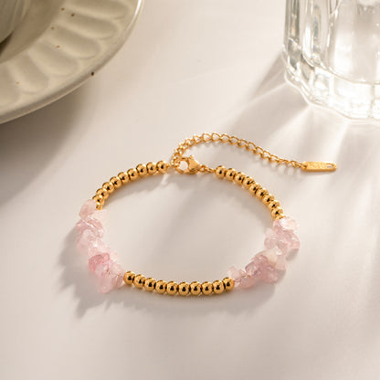 18K Gold Plated Sea Green/Pink Crystal Gravel Gold Beads Bracelet Waterproof